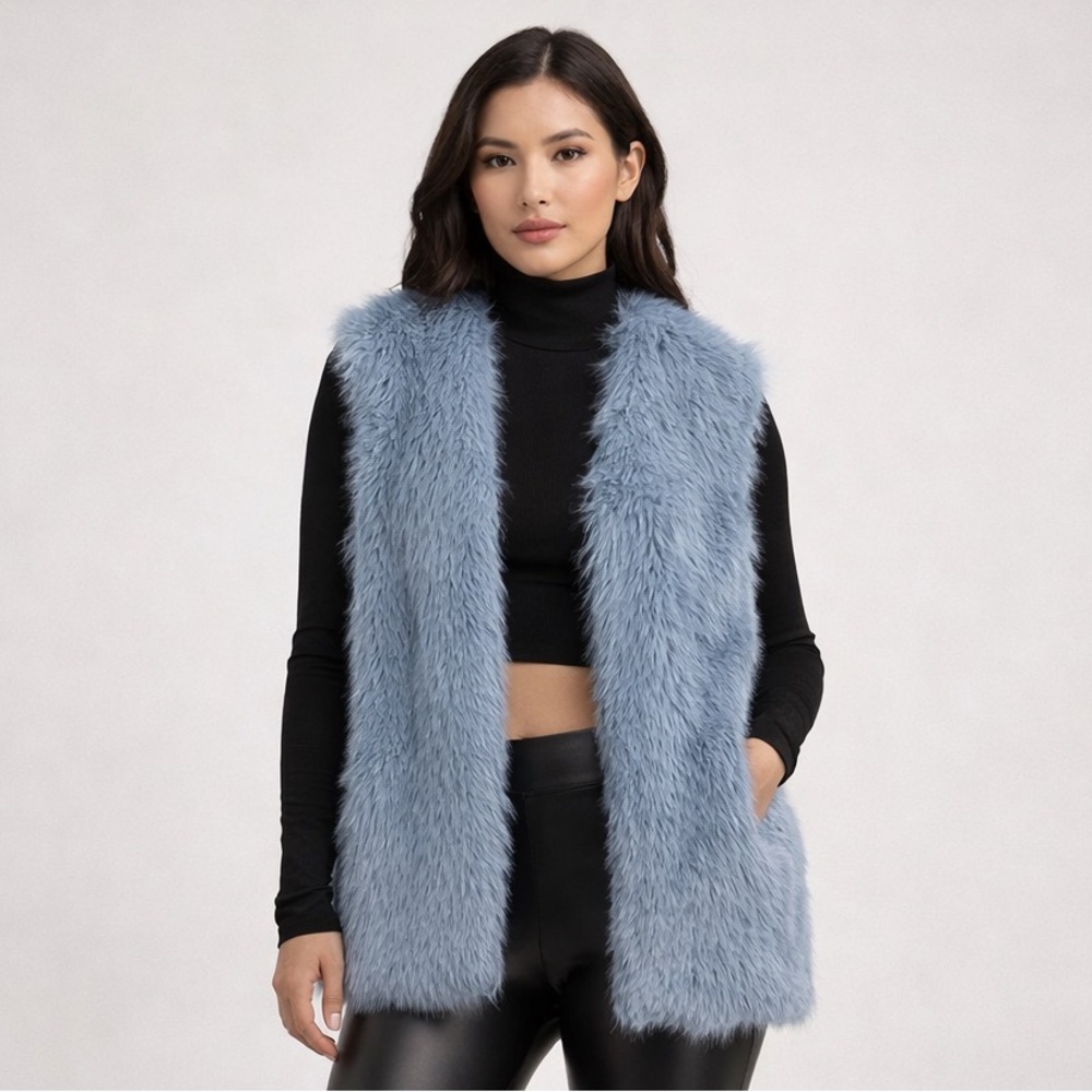 Jason Wu NWT Blue Faux Fur Vest Sleeveless Soft Luxe Textured Womens Size Medium